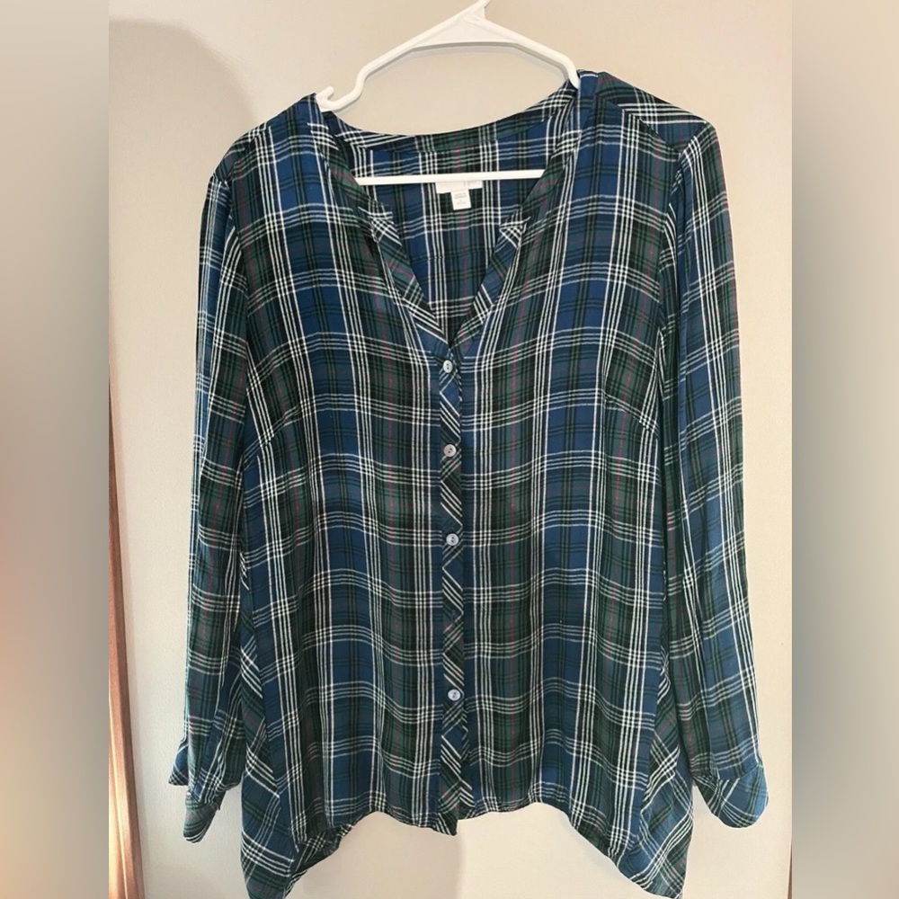 J.Jill Women’s Size Small Blue‎ Black Plaid Button Front Tunic Top